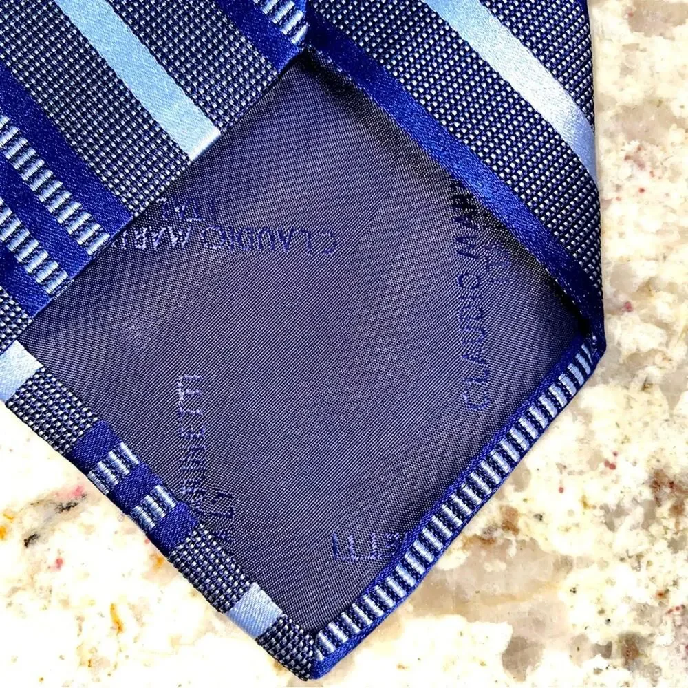 Claudio Marinetti Como Italy Blue Stripe 100% Silk Mens Tie EUC